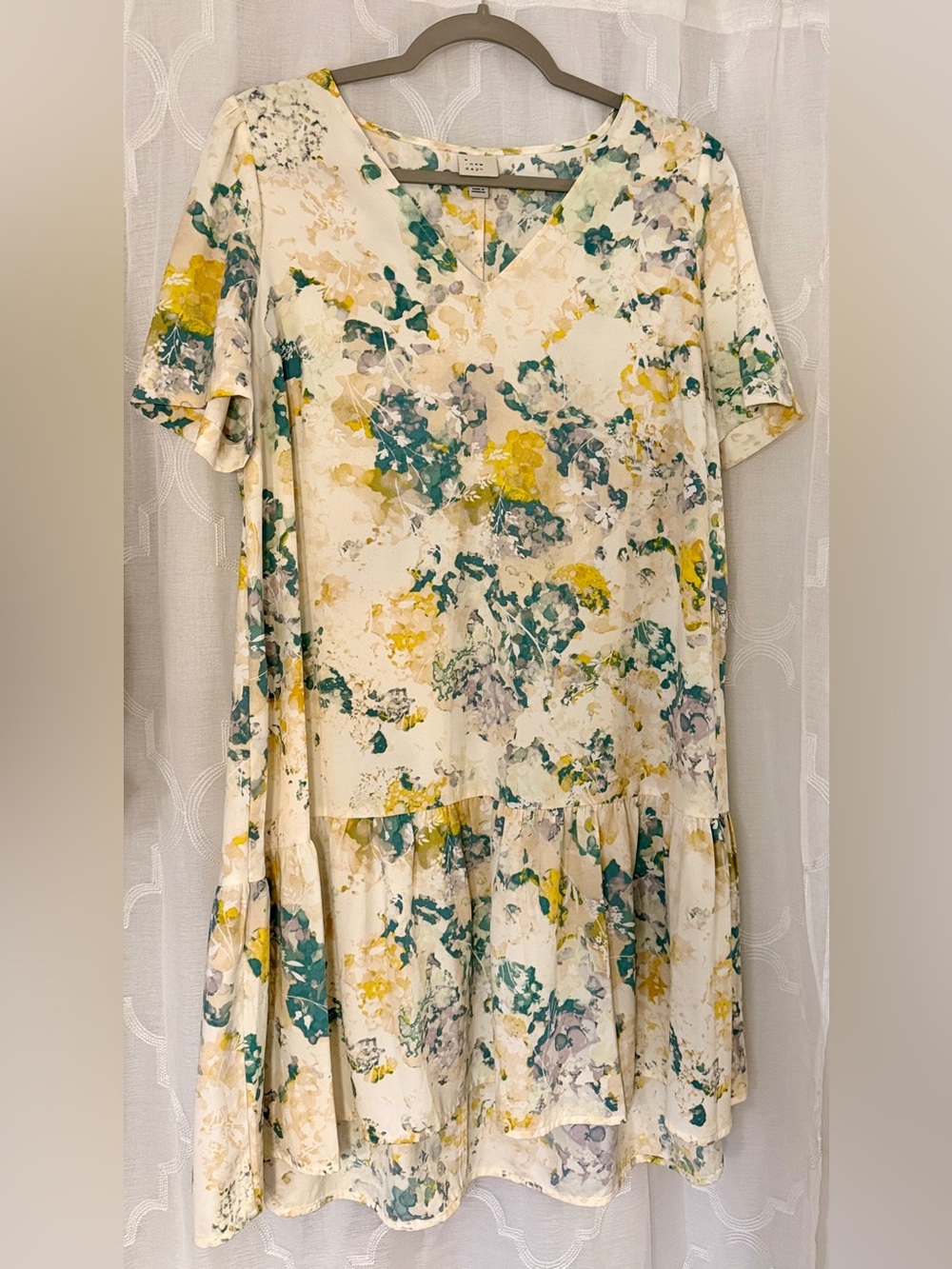 A New Day Cream Floral Drop Waist Mini Dress Medium Short Sleeve Cottagecore